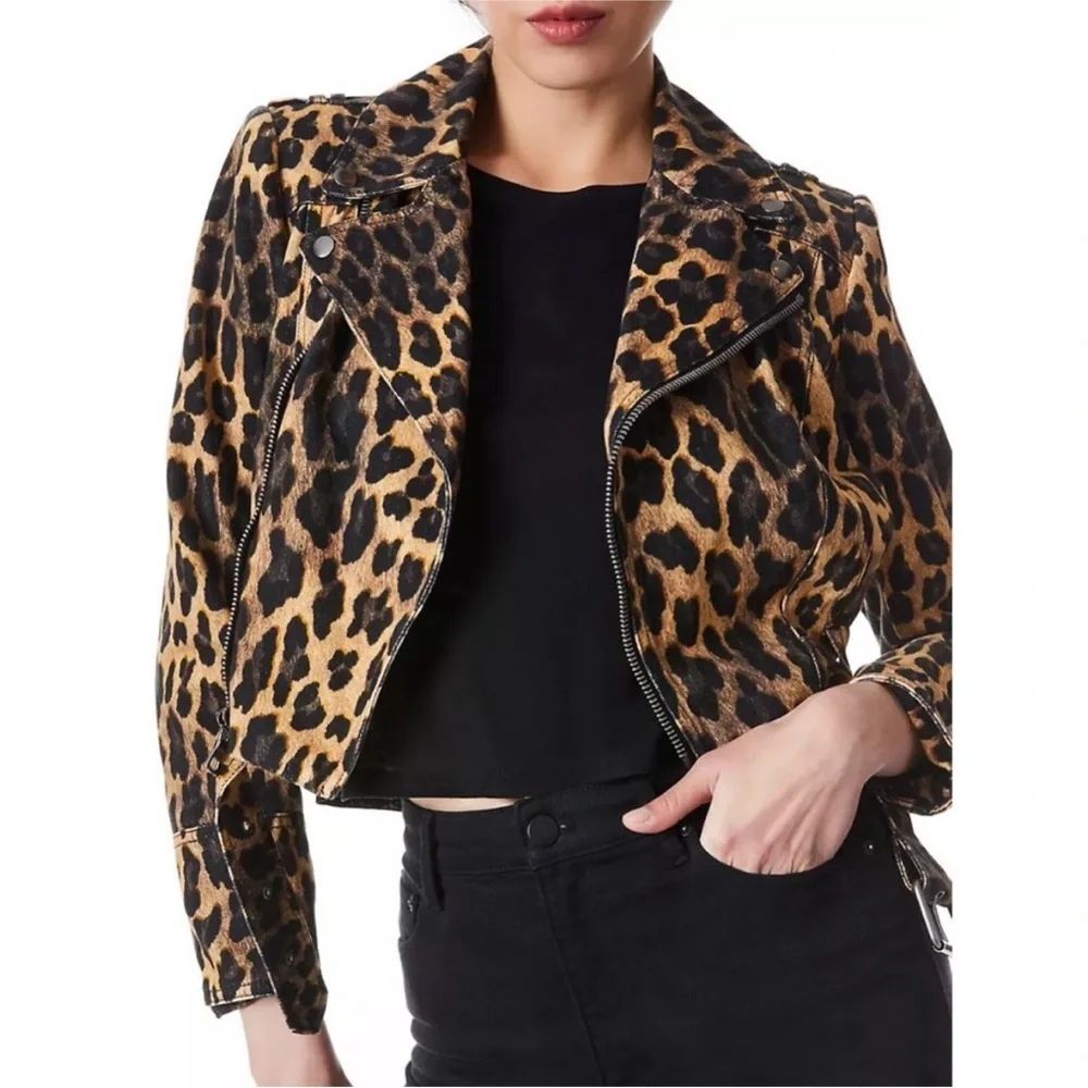NWOT Alice + Olivia Johnsie Leopard Print Cropped Denim Moto Jacket